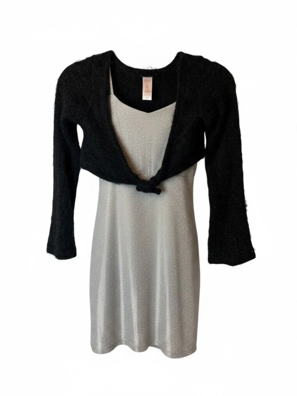 Justice Silver Shimmer Slip Dress with Black Cropped Cardigan